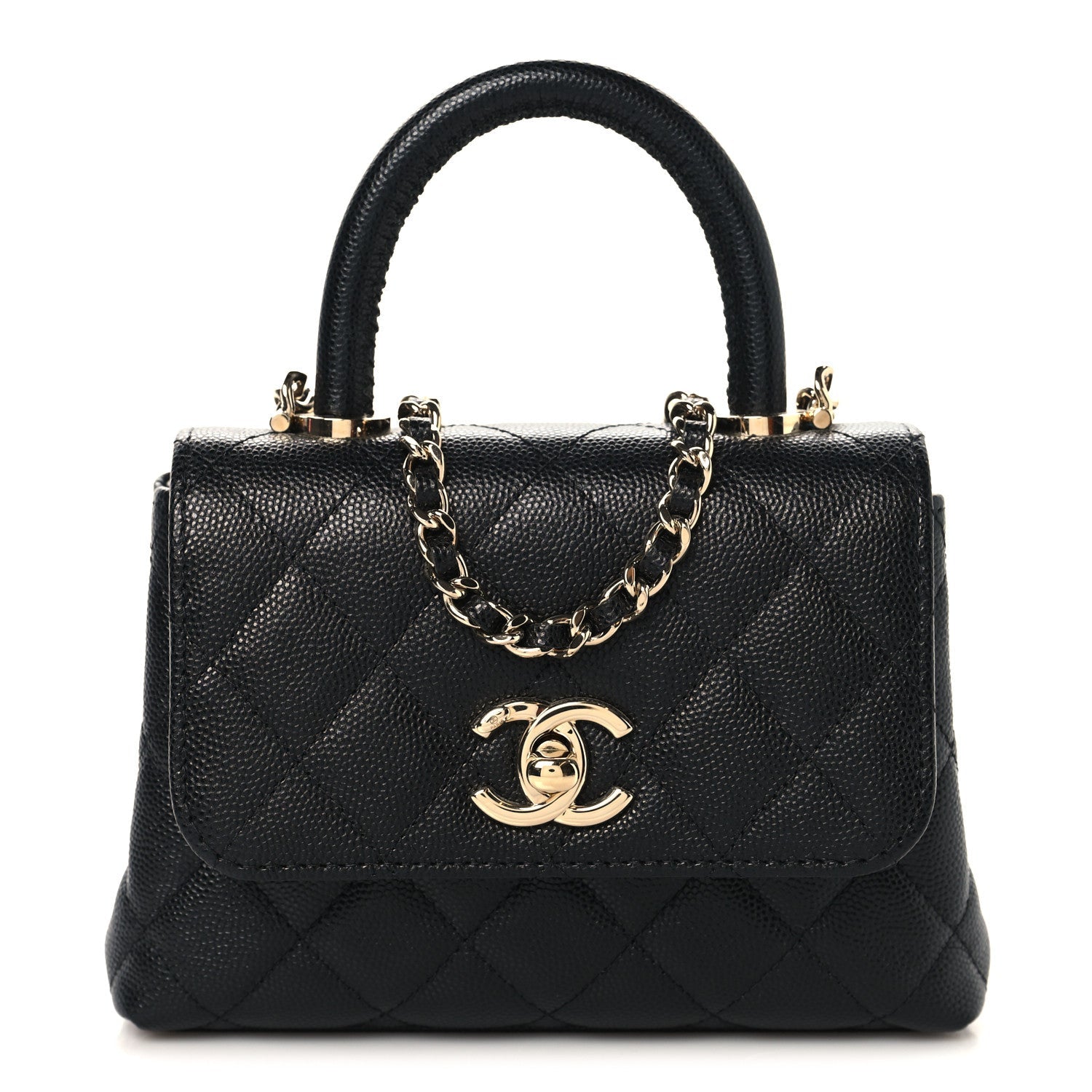 Caviar Quilted Coco Handle Clutch With Chain Black