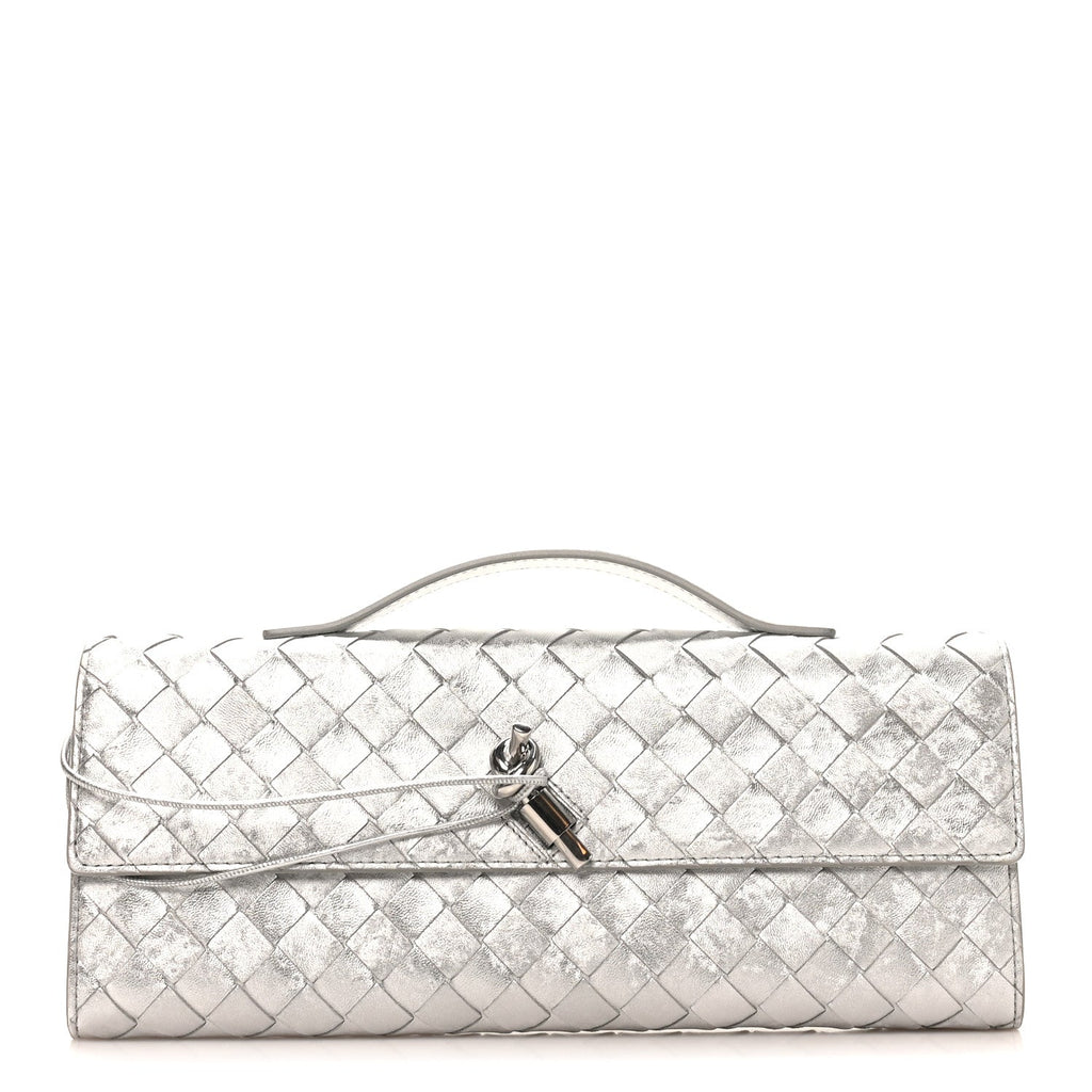 Metallic Lambskin Intrecciato Long Andiamo Top Handle Clutch Silver