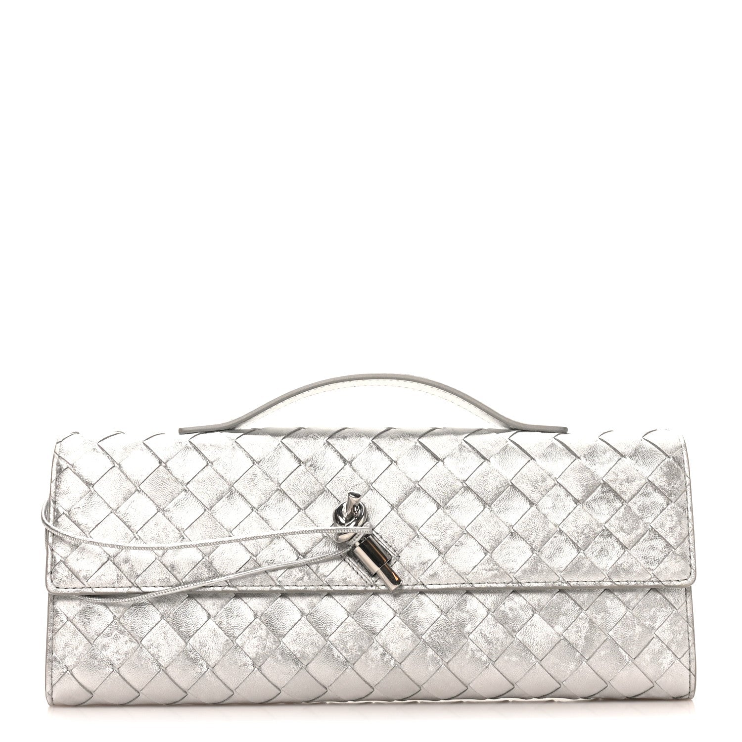 Metallic Lambskin Intrecciato Long Andiamo Top Handle Clutch Silver
