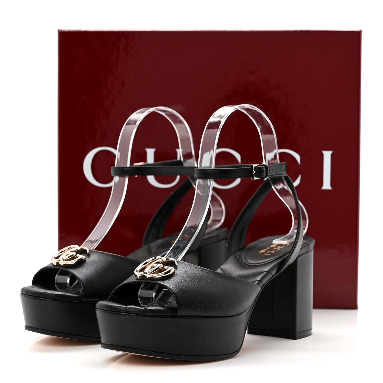 Calfskin GG Charlotte Ankle Wrap 30/85mm Platform Sandals 37.5 Black