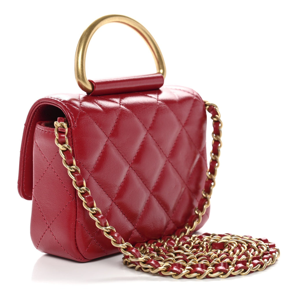 Shiny Lambskin Quilted Mini Metal Top Handle Clutch With Chain  Red