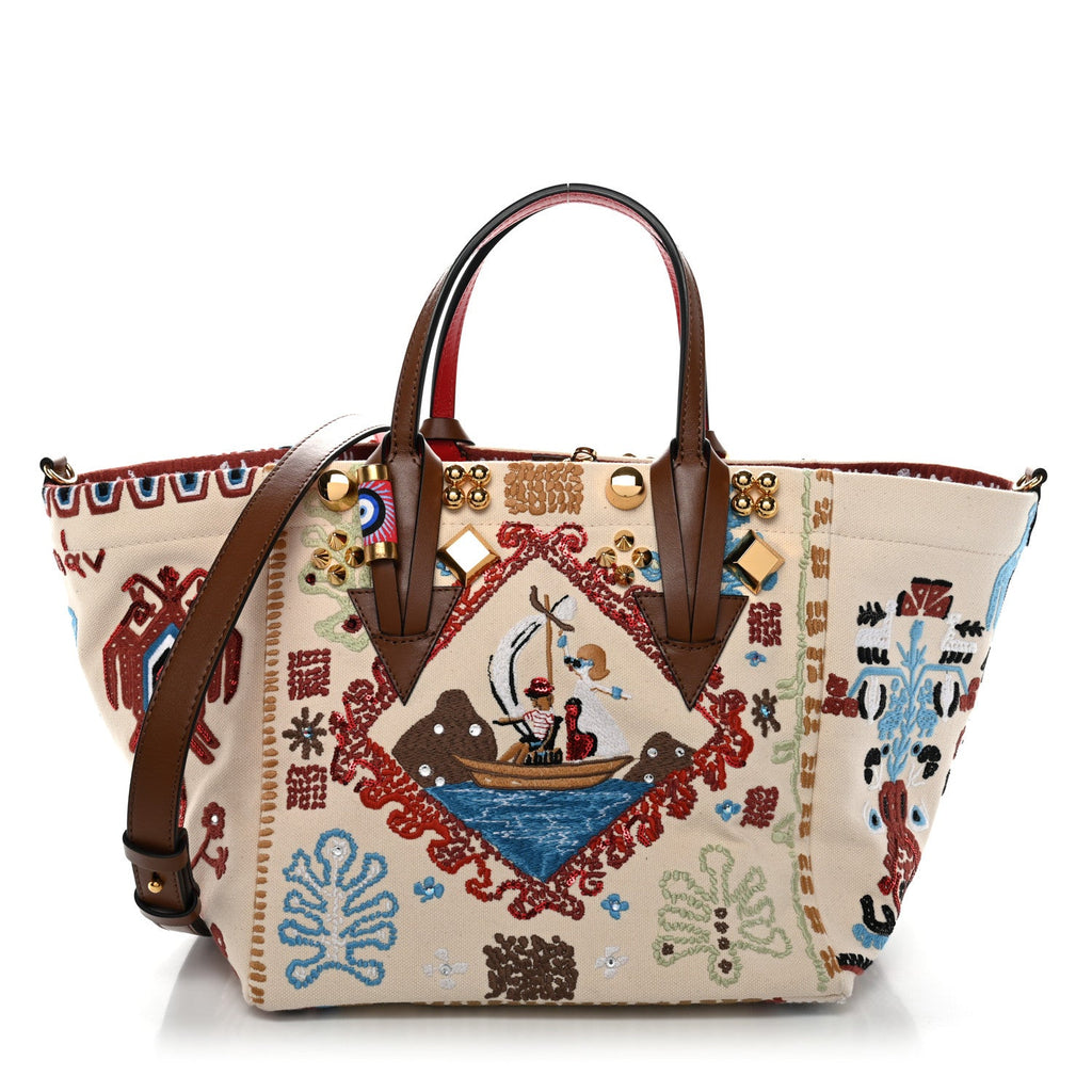 Frise Broderie Calfskin Greekaba Tote Biscotto Multicolor