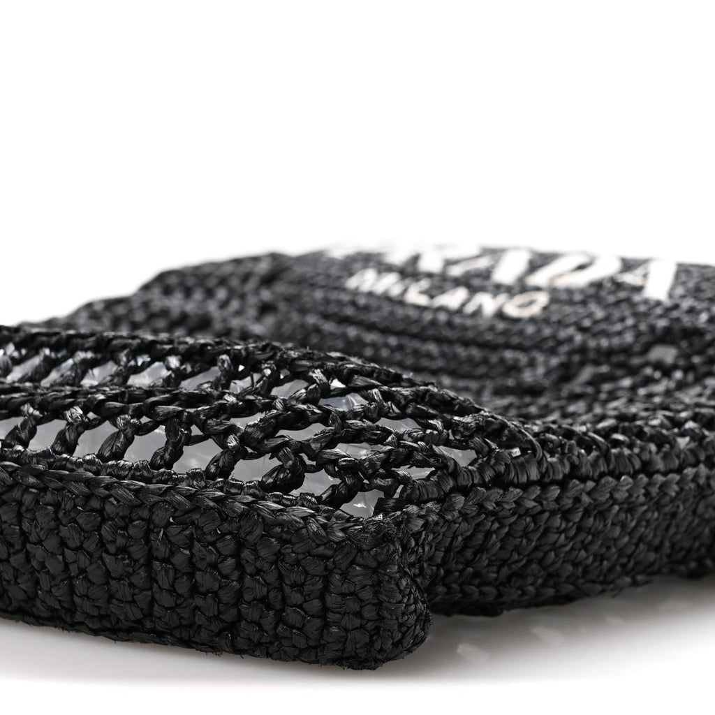 Yarn Raffia Effect Crochet Logo Embroidered Tote Bag Black