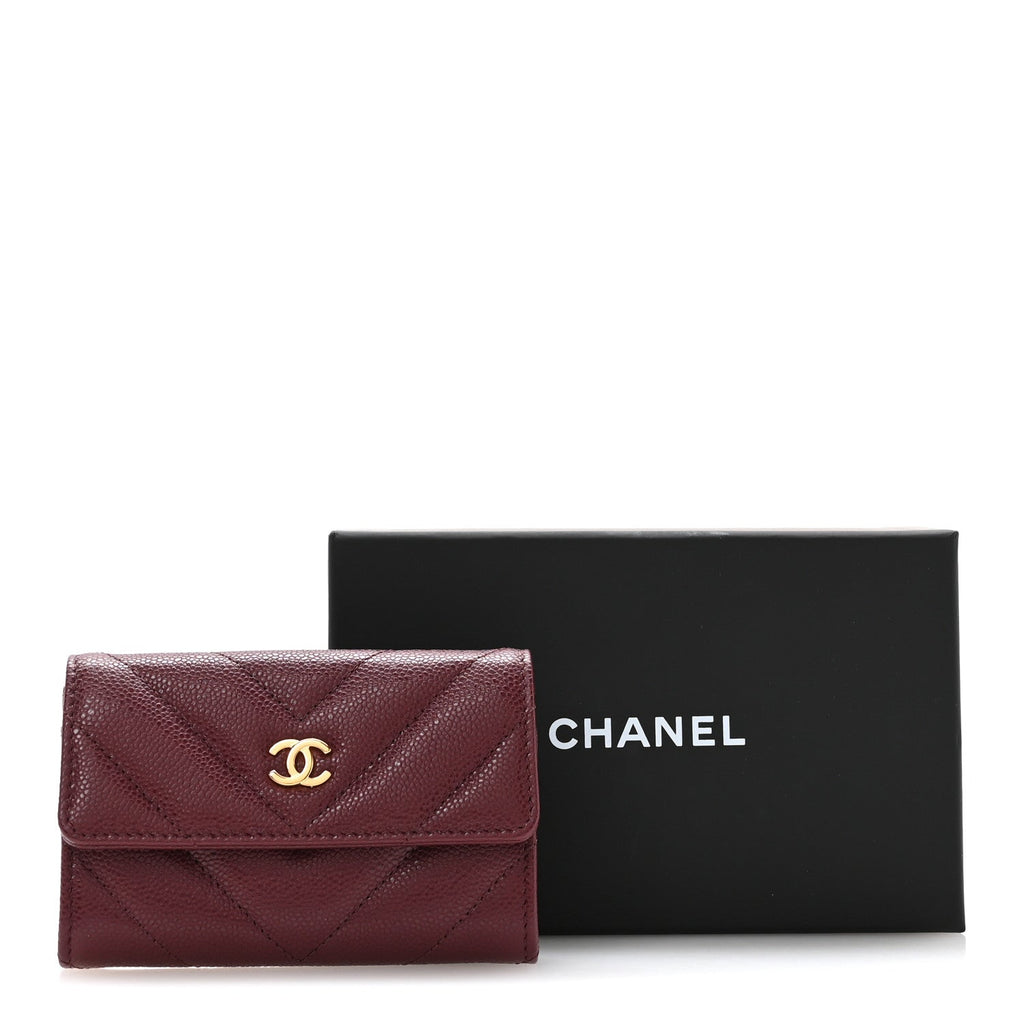 Caviar Flat Chevron Quilted Flap  Holder Burgundy