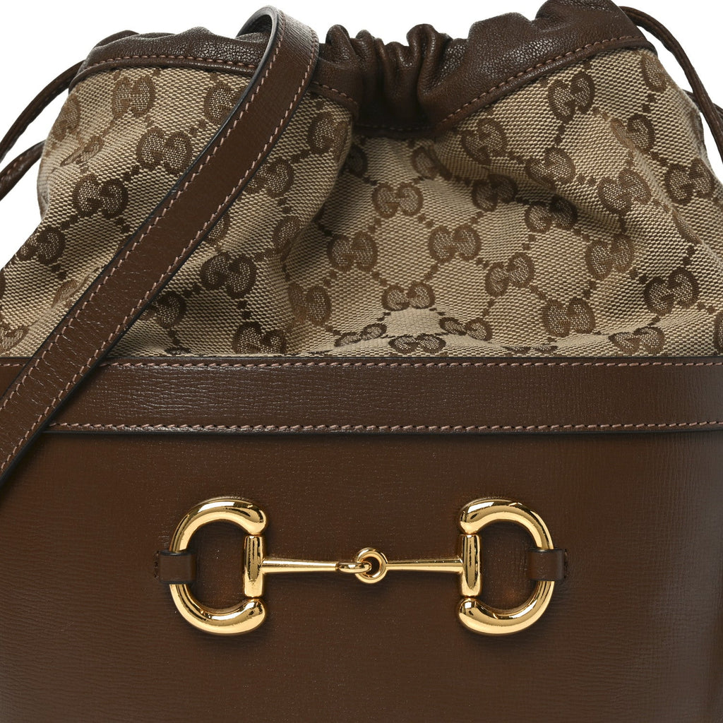 Monogram Textured Calfskin Horsebit 1955 Drawstring Bucket Bag Beige Brown Sugar