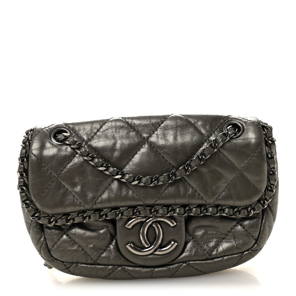 Metallic Aged Calfskin Mini Chain Me Flap Pewter
