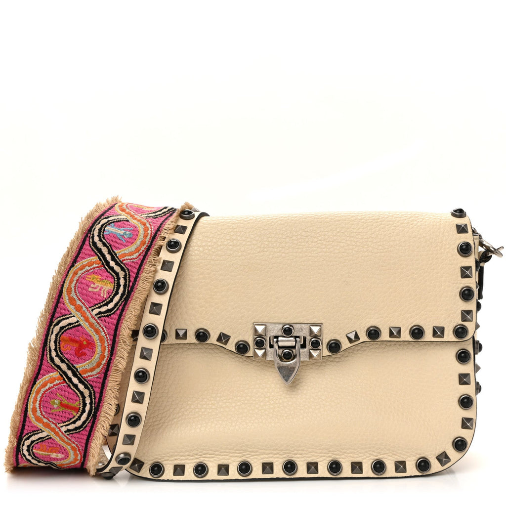Pebbled Calfskin Onyx Medium Guitar Strap Rockstud Rolling Flap Saddle Bag Ivory