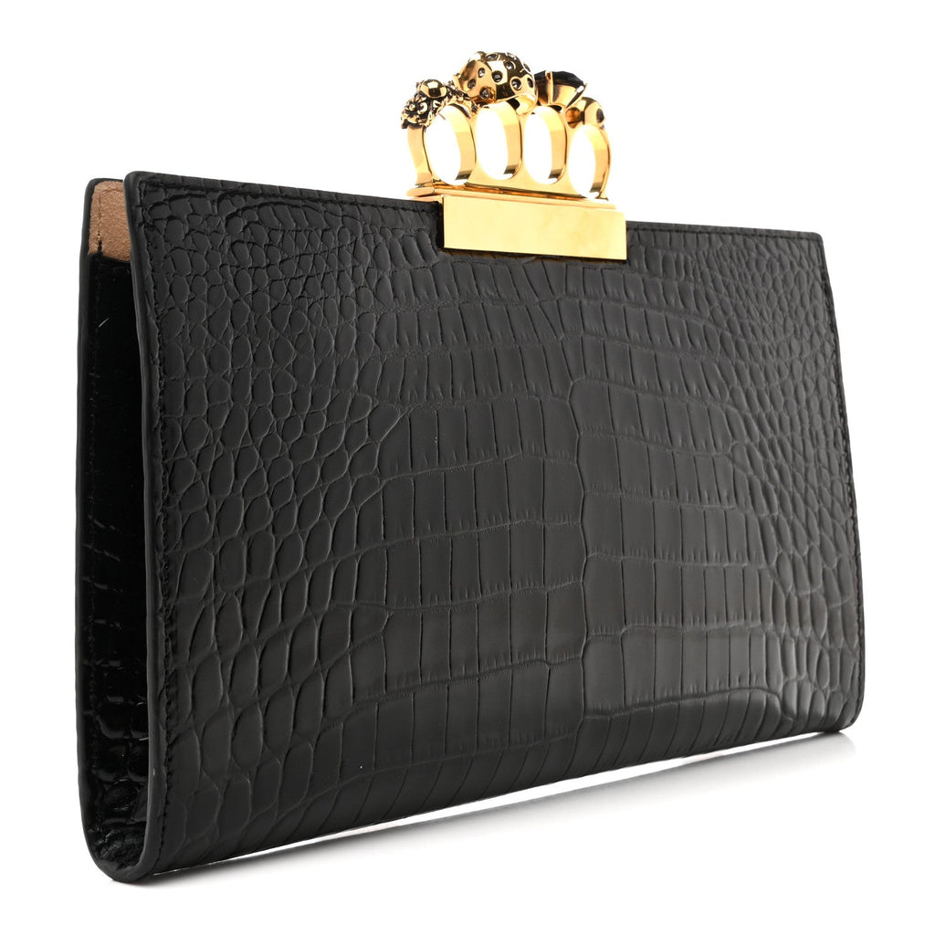 Calfskin Crocodile Embossed Knuckle Flat Clutch Black Gold