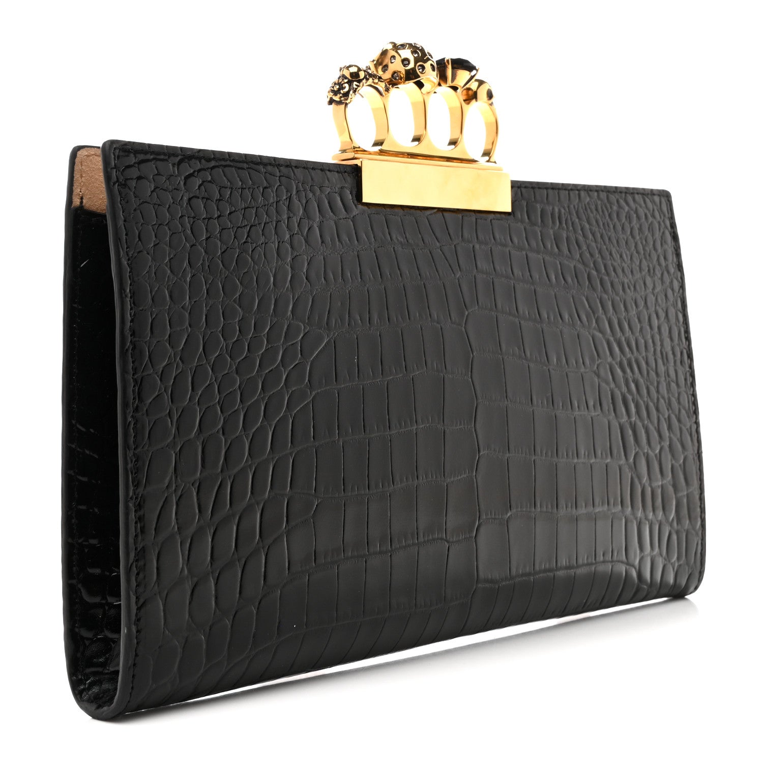 Calfskin Crocodile Embossed Knuckle Flat Clutch Black Gold