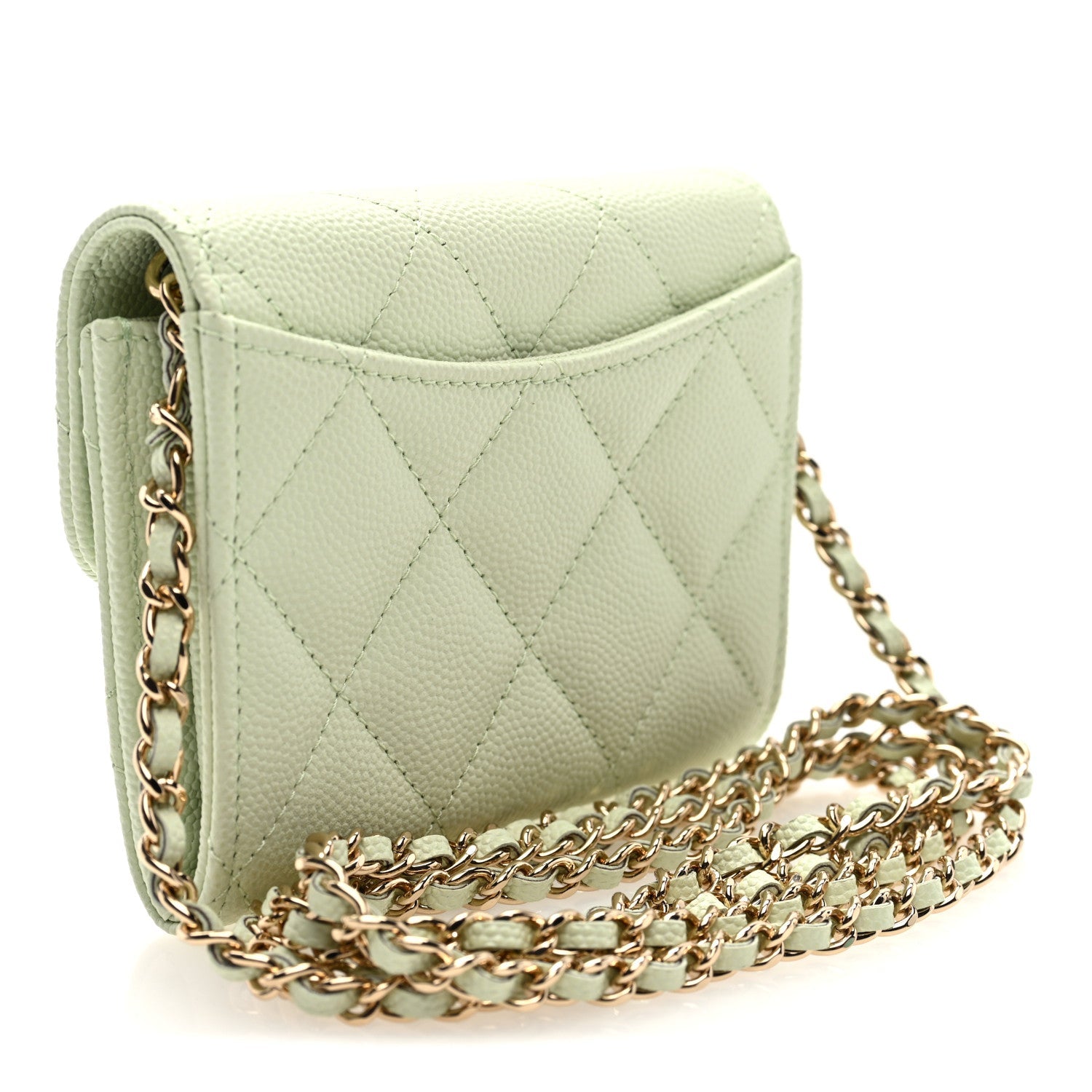 Caviar Quilted Flap  Holder On Chain Light Green