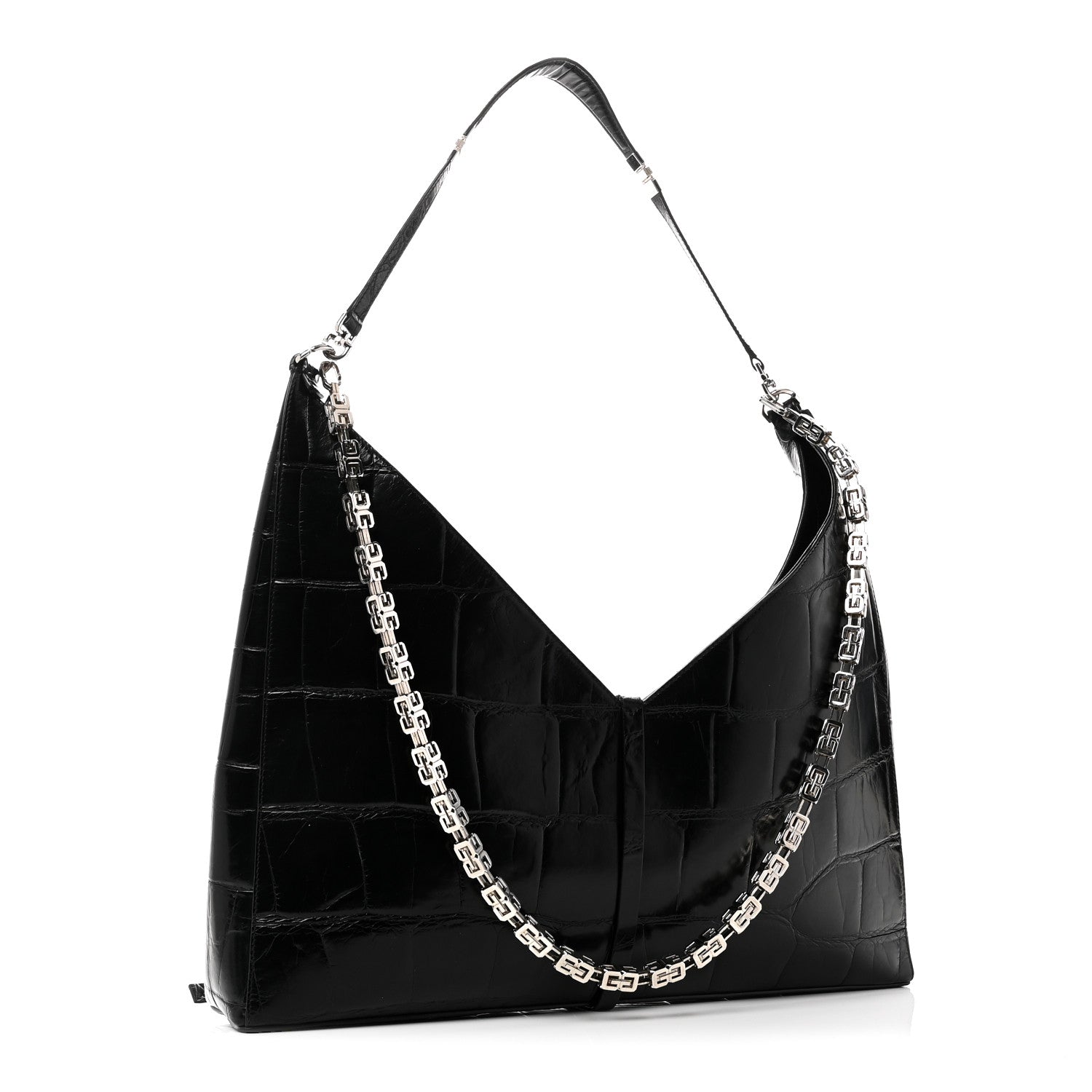 Calfskin Crocodile Embossed Large Cut Out Shoulder Bag Black