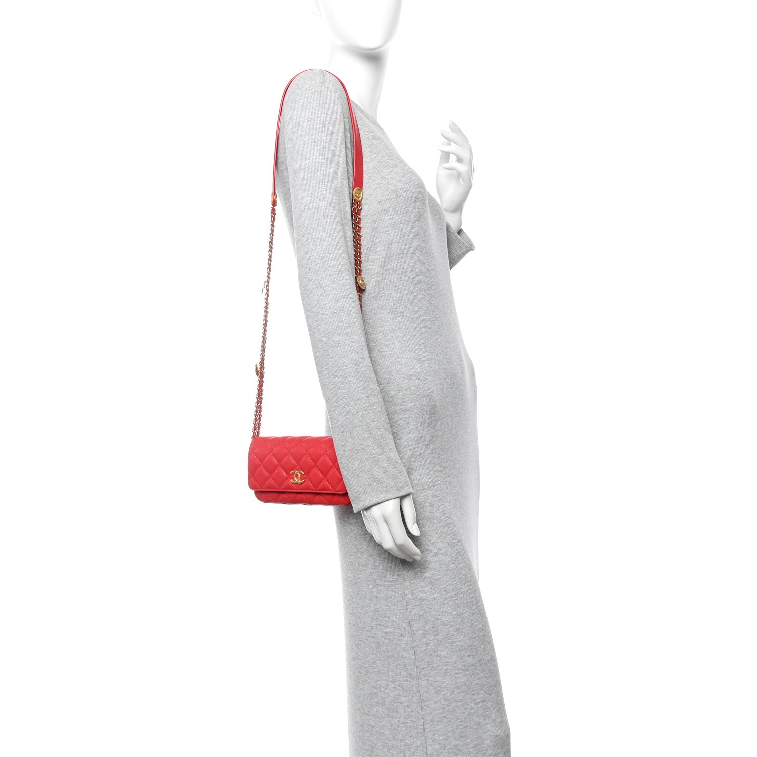 Caviar Quilted Yours Buttons Phone Holder With Chain Red