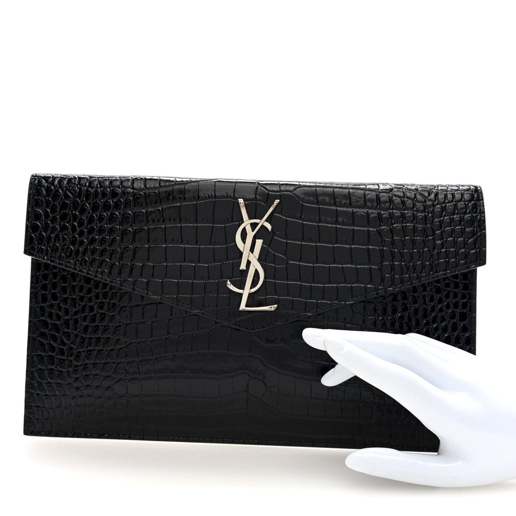 Calfskin Crocodile Embossed Uptown Monogram Pouch Black
