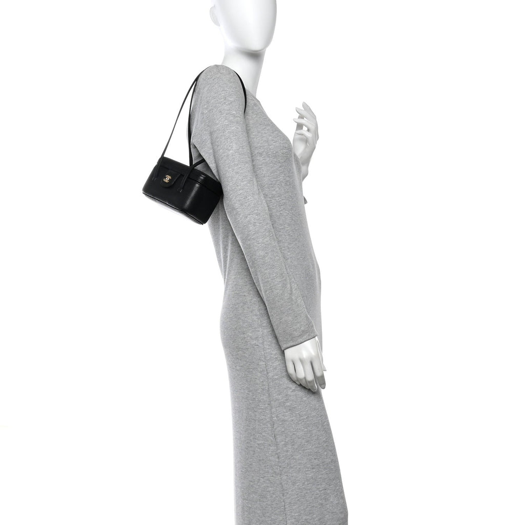 Shiny Caviar Preppy Coco Long Vanity With Strap Black