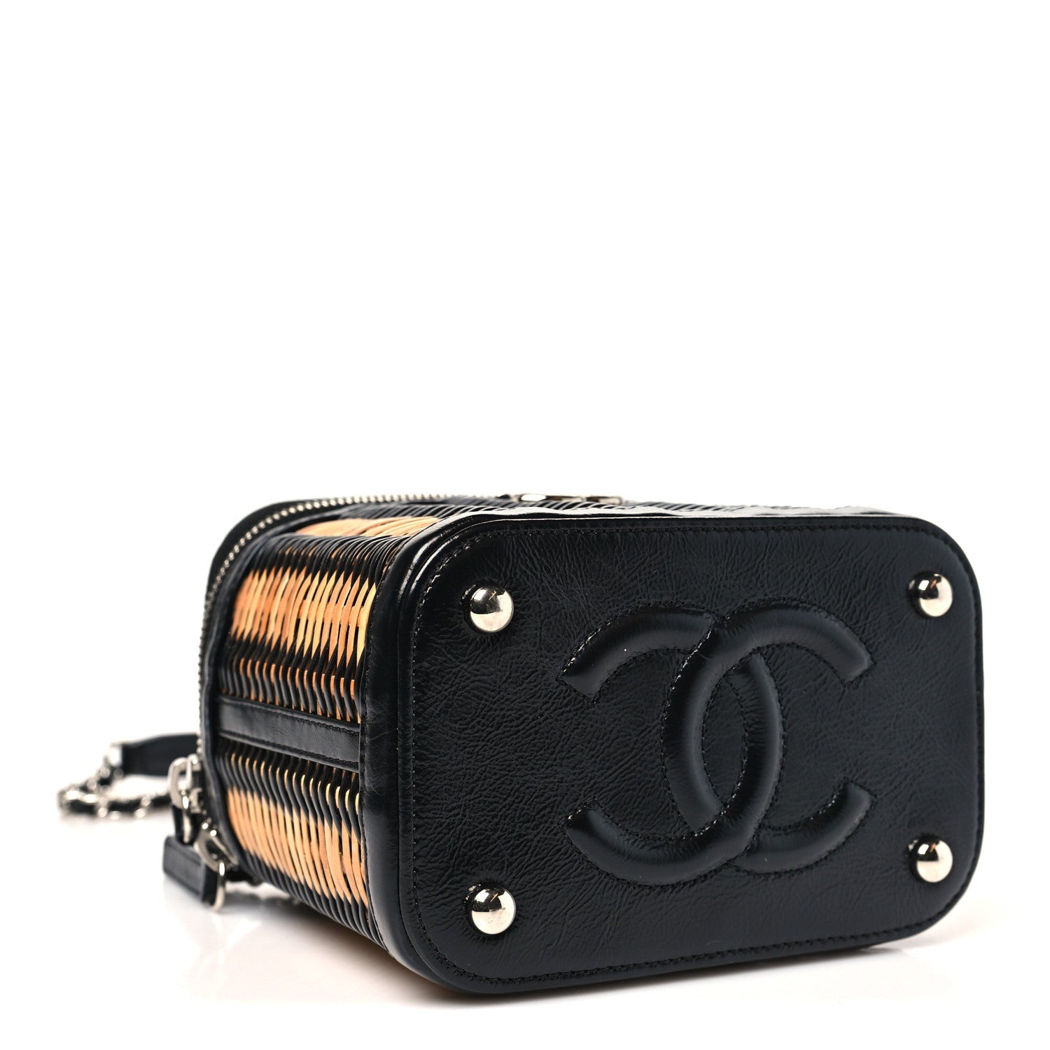 Calfskin Raffia Small Vanity Case Bag Black Beige