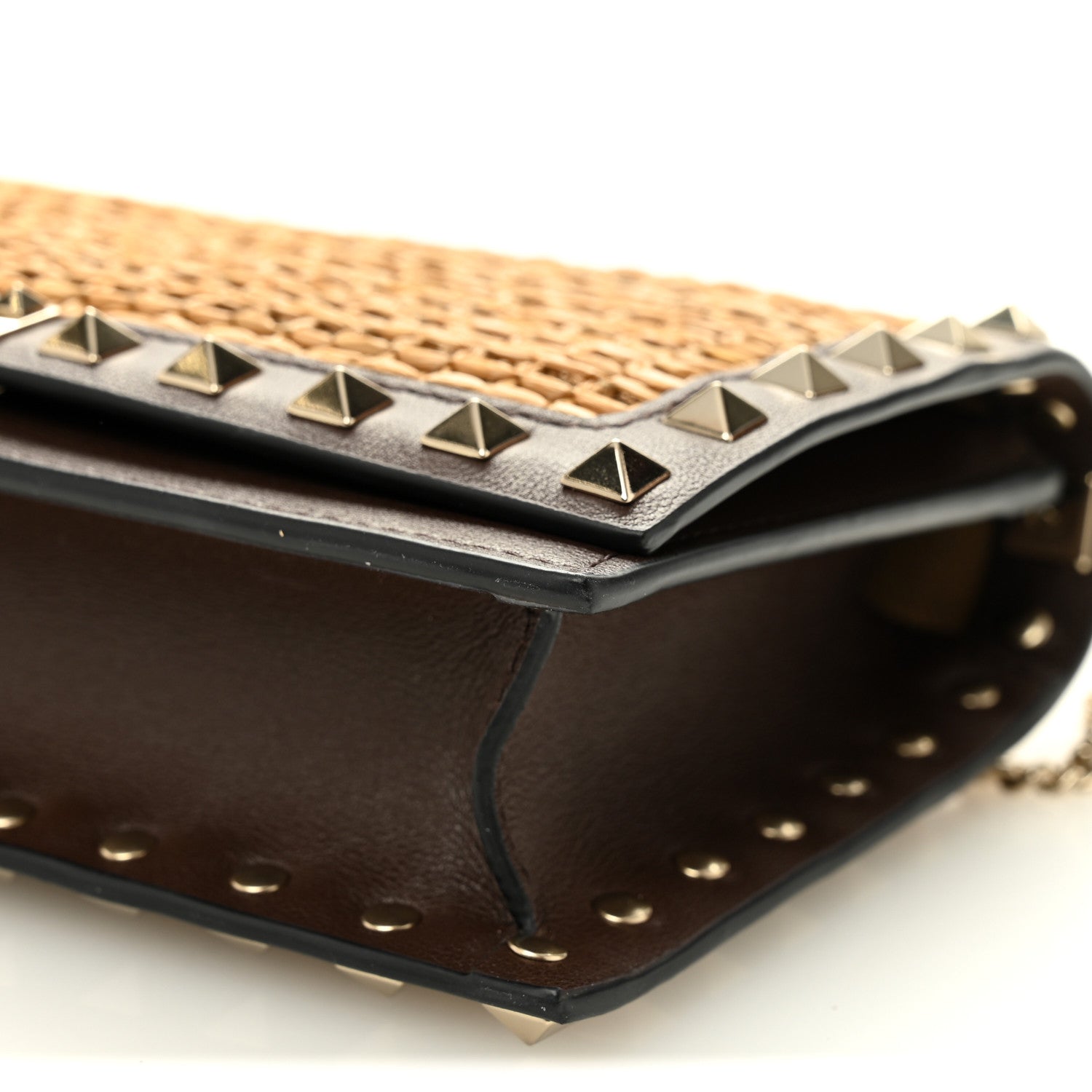 Raffia Calfskin Rockstud Wallet On Chain Pouch Natural Brown