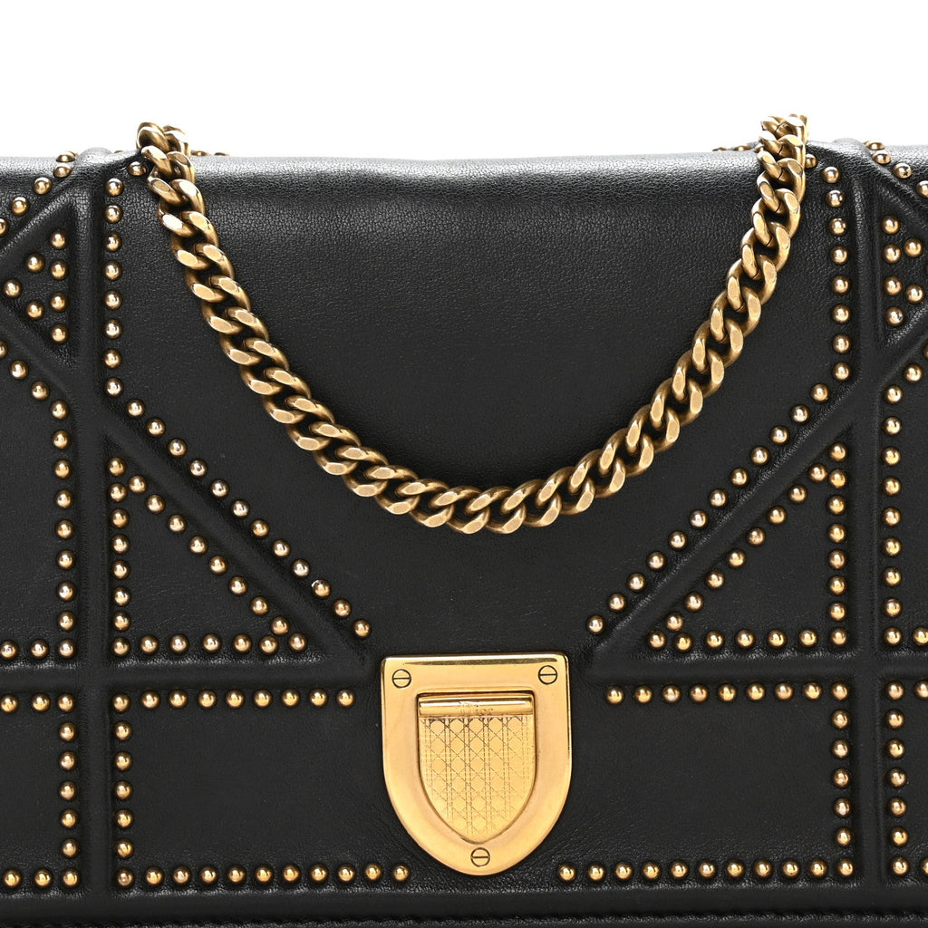 Calfskin Studded Diorama Wallet on Chain Pouch Black