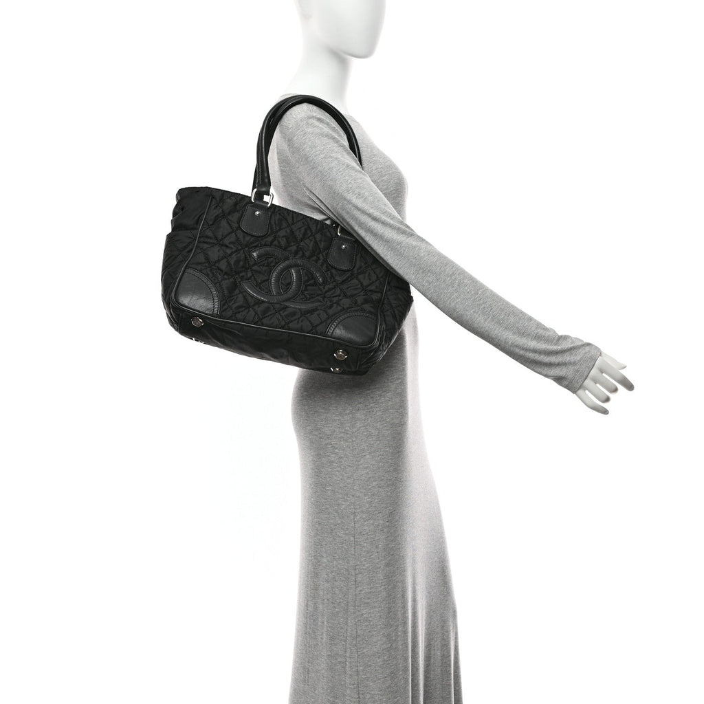 Nylon Calfskin Quilted CC Paris New York Tote Bag Black