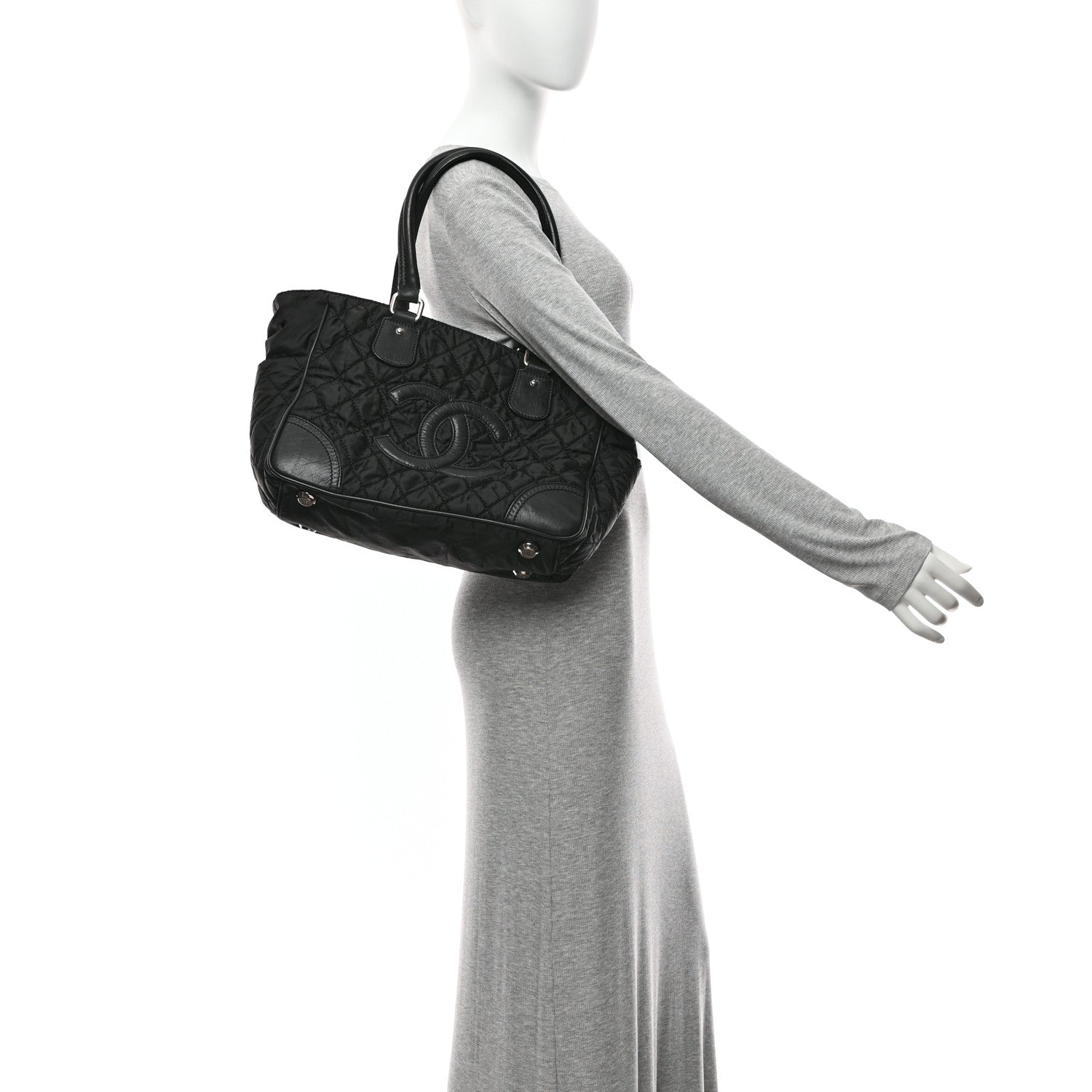 Nylon Calfskin Quilted CC Paris New York Tote Bag Black