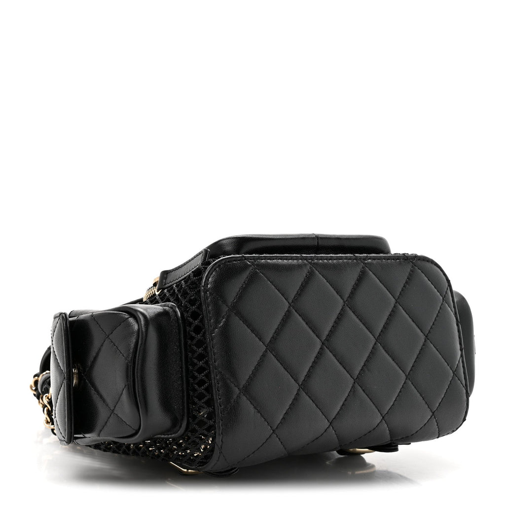 Shiny Lambskin Mesh Quilted Small Cargo Duma Drawstring Backpack Black