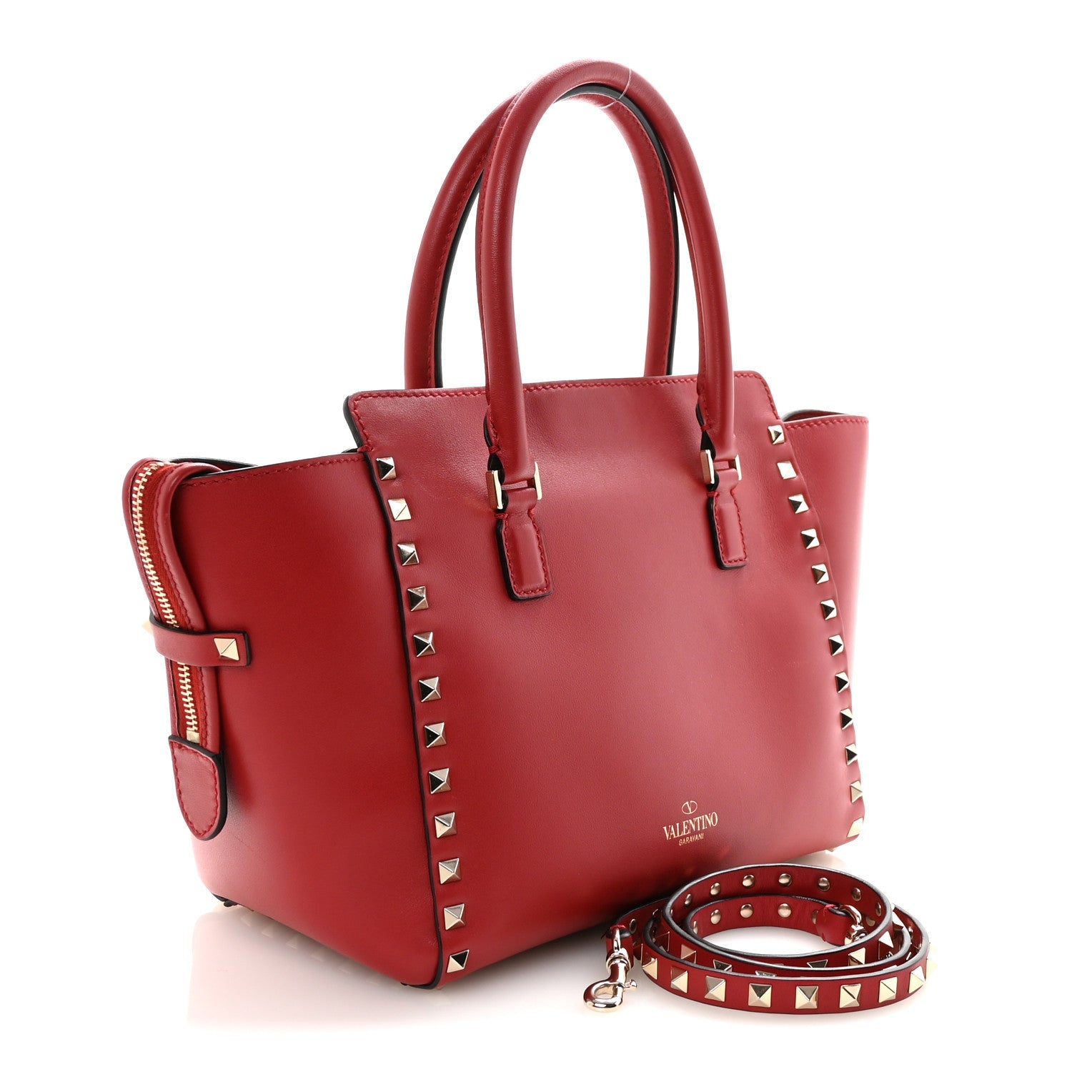 Vitello Small Rockstud Double Handle Tote Rosso Valentino