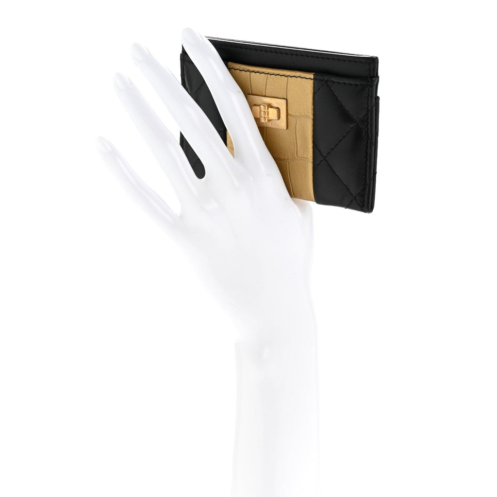 Lambskin Metallic Calfskin Crocodile Embossed 2.55 Reissue  Holder Black Gold