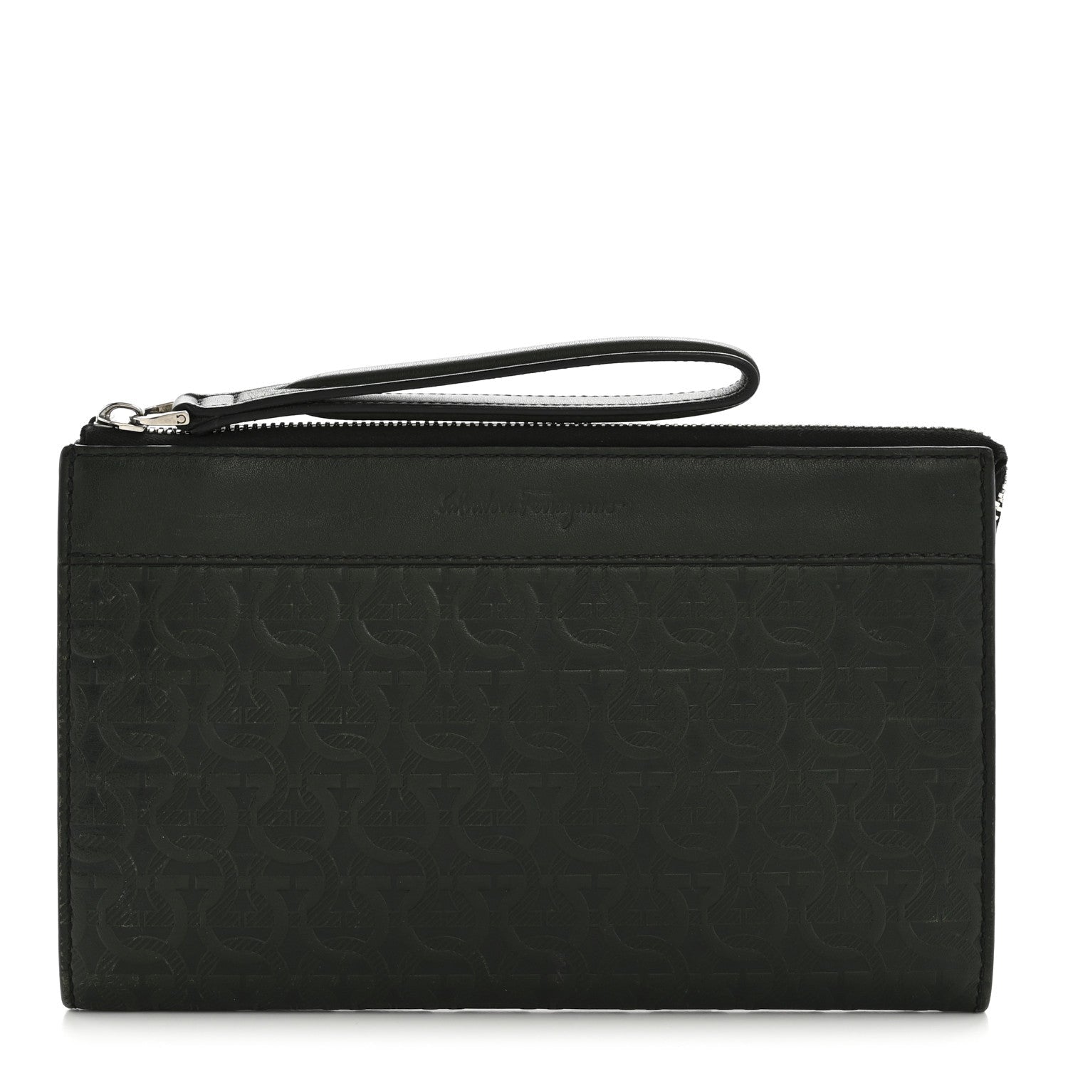 Calfskin Gancini Embossed Wristlet Clutch Dark Green