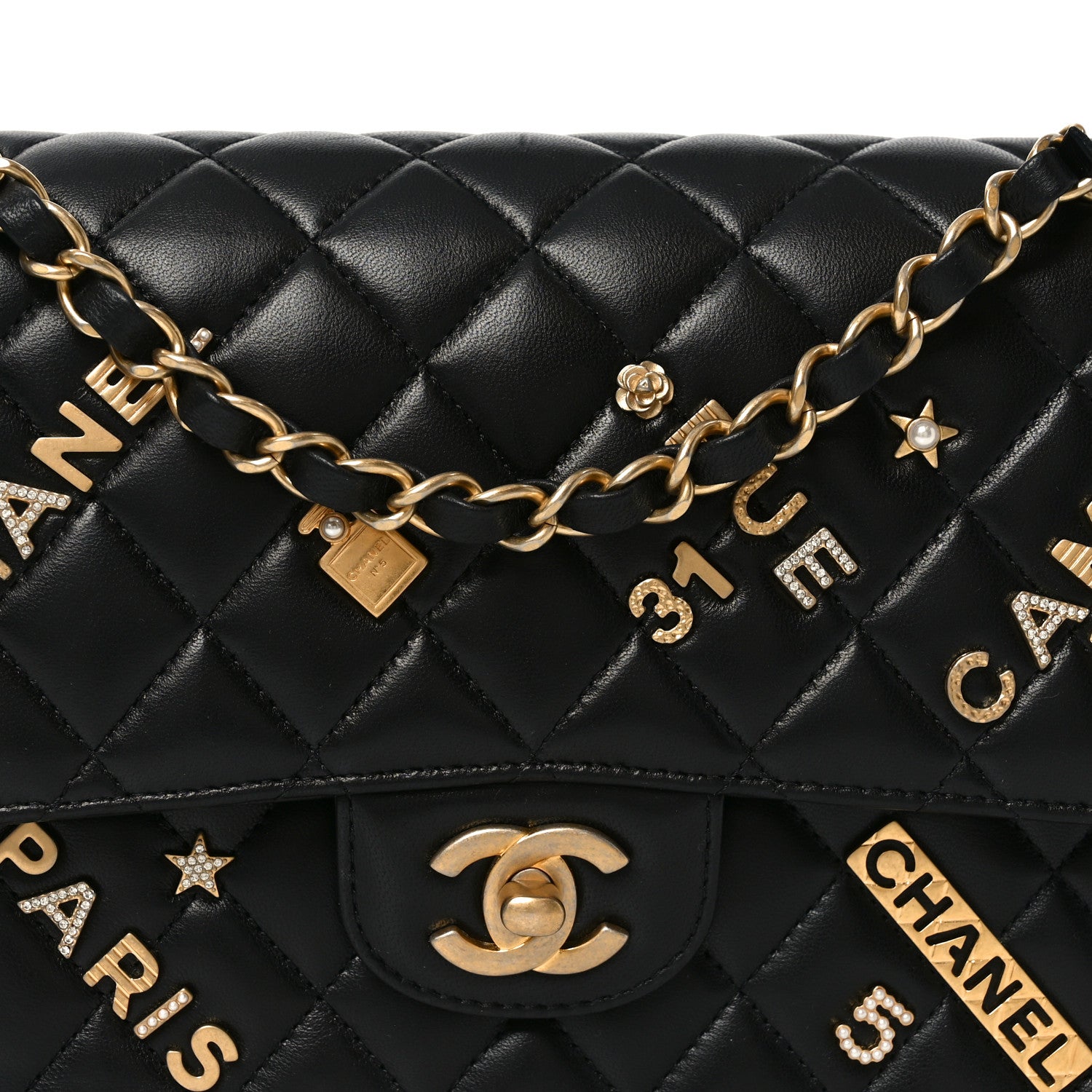 Lambskin Quilted Medium Rue Cambon Charms Double Flap Black