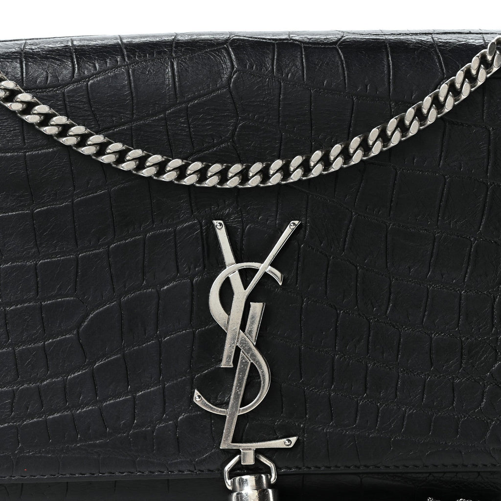 Calfskin Crocodile Embossed Medium Classic Monogram Kate Tassel Satchel Black