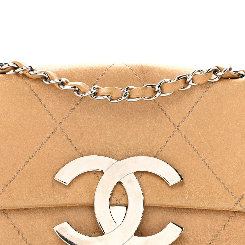 Lambskin Diamond Stitched CC CC East West Flap Beige