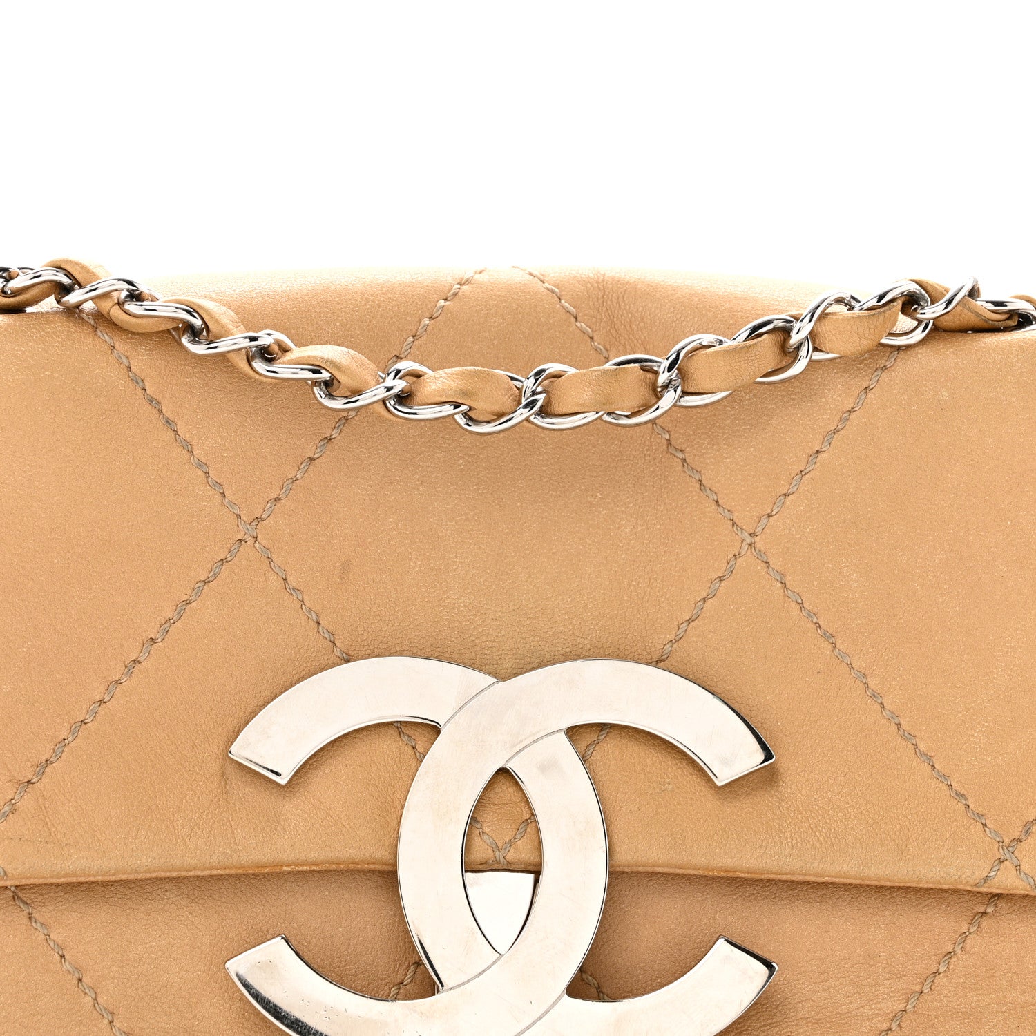 Lambskin Diamond Stitched CC CC East West Flap Beige