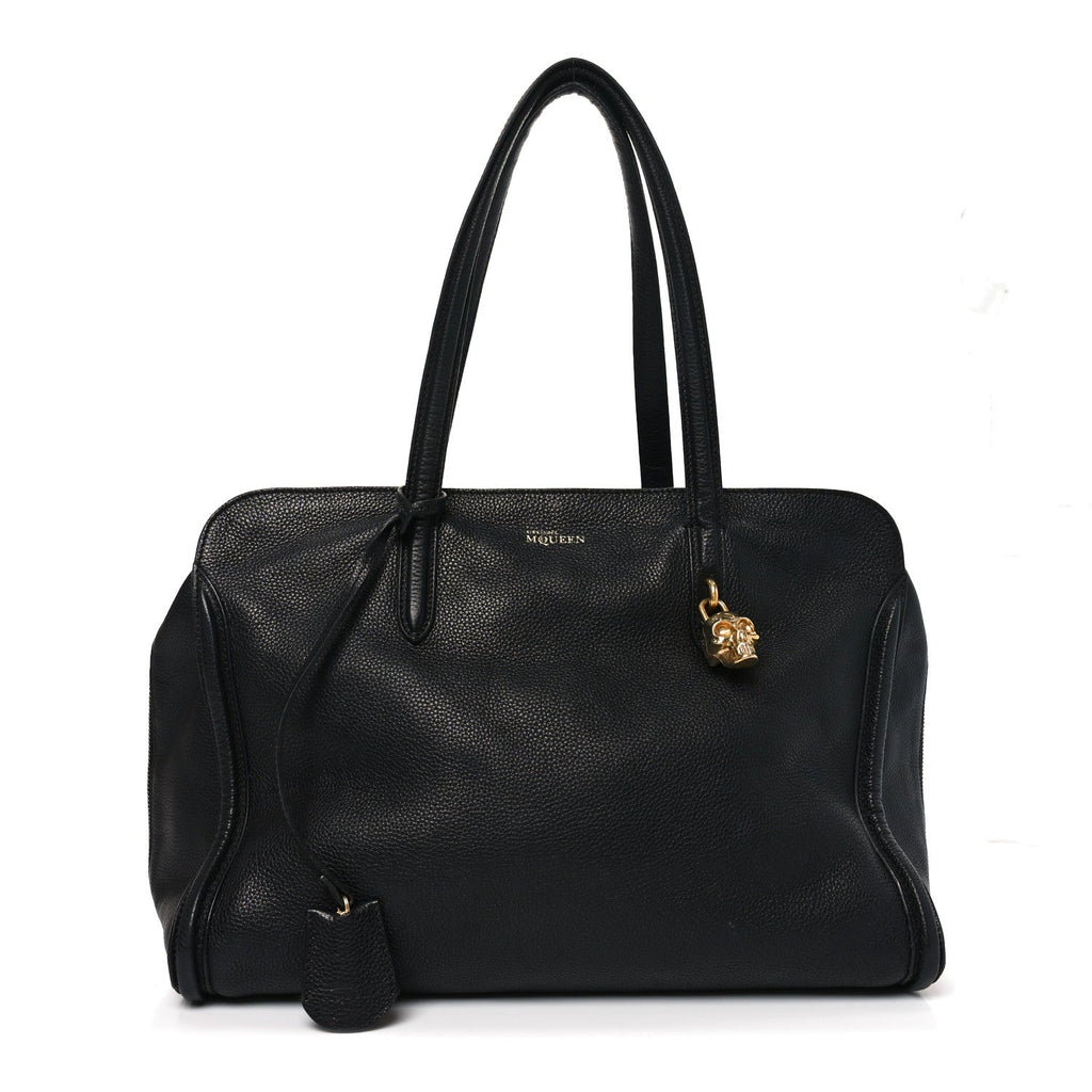 Pebbled Calfskin Large Skull Padlock Zip Around Tote Black
