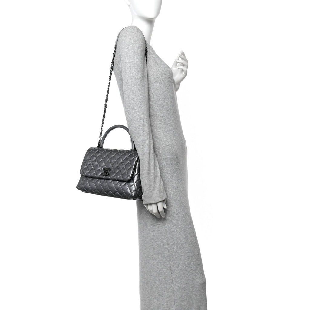 Metallic Aged Calfskin Quilted Small Coco Handle Flap Charcoal