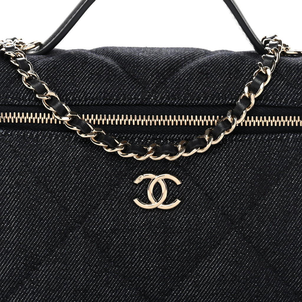 Denim Quilted Top Handle Slim Vanity Case With Chain Dark Blue