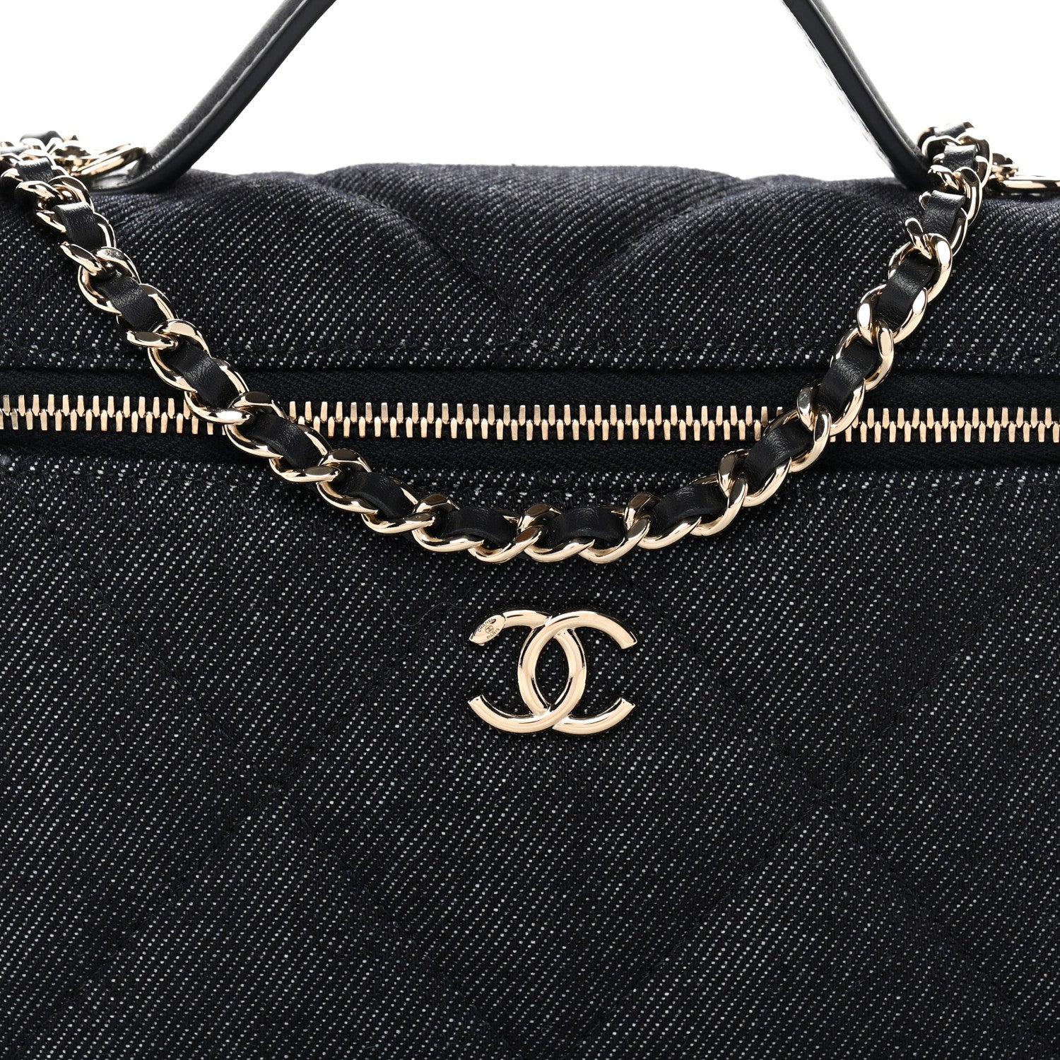 Denim Quilted Top Handle Slim Vanity Case With Chain Dark Blue