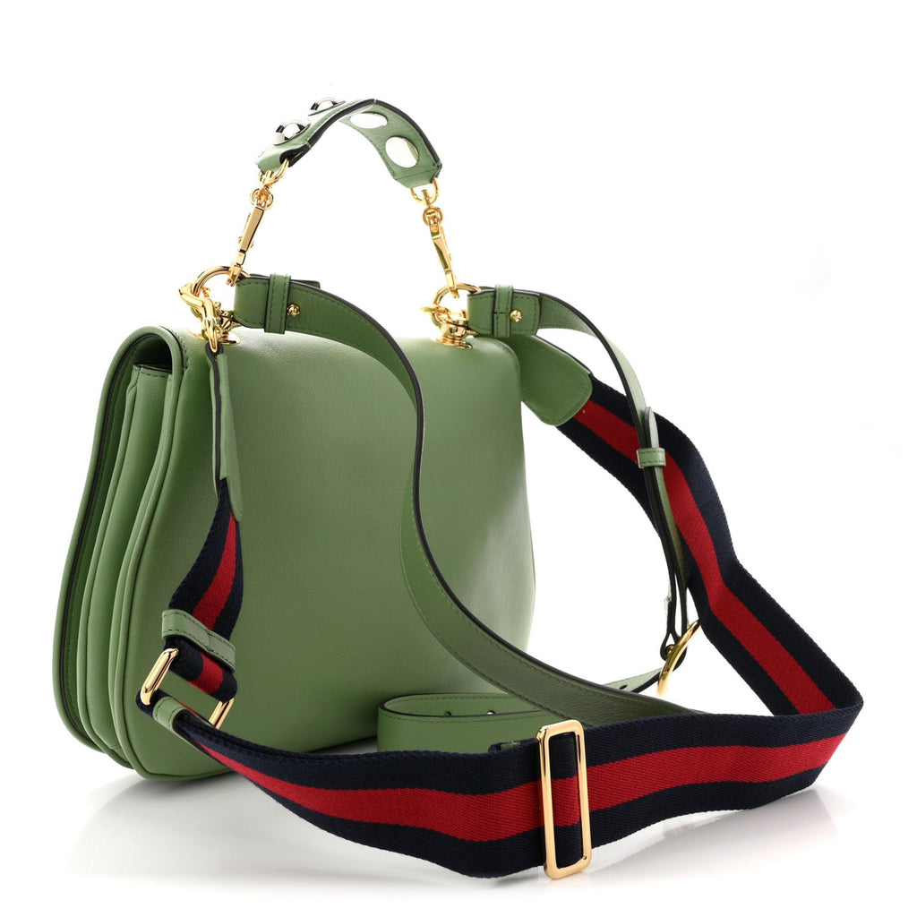 Roxy Calfskin Web Medium Blondie Top Handle Shoulder Flap Bag Salamander Green