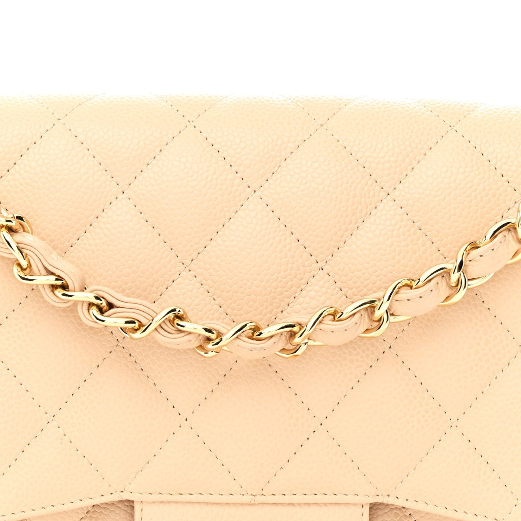Caviar Quilted Jumbo Double Flap Beige