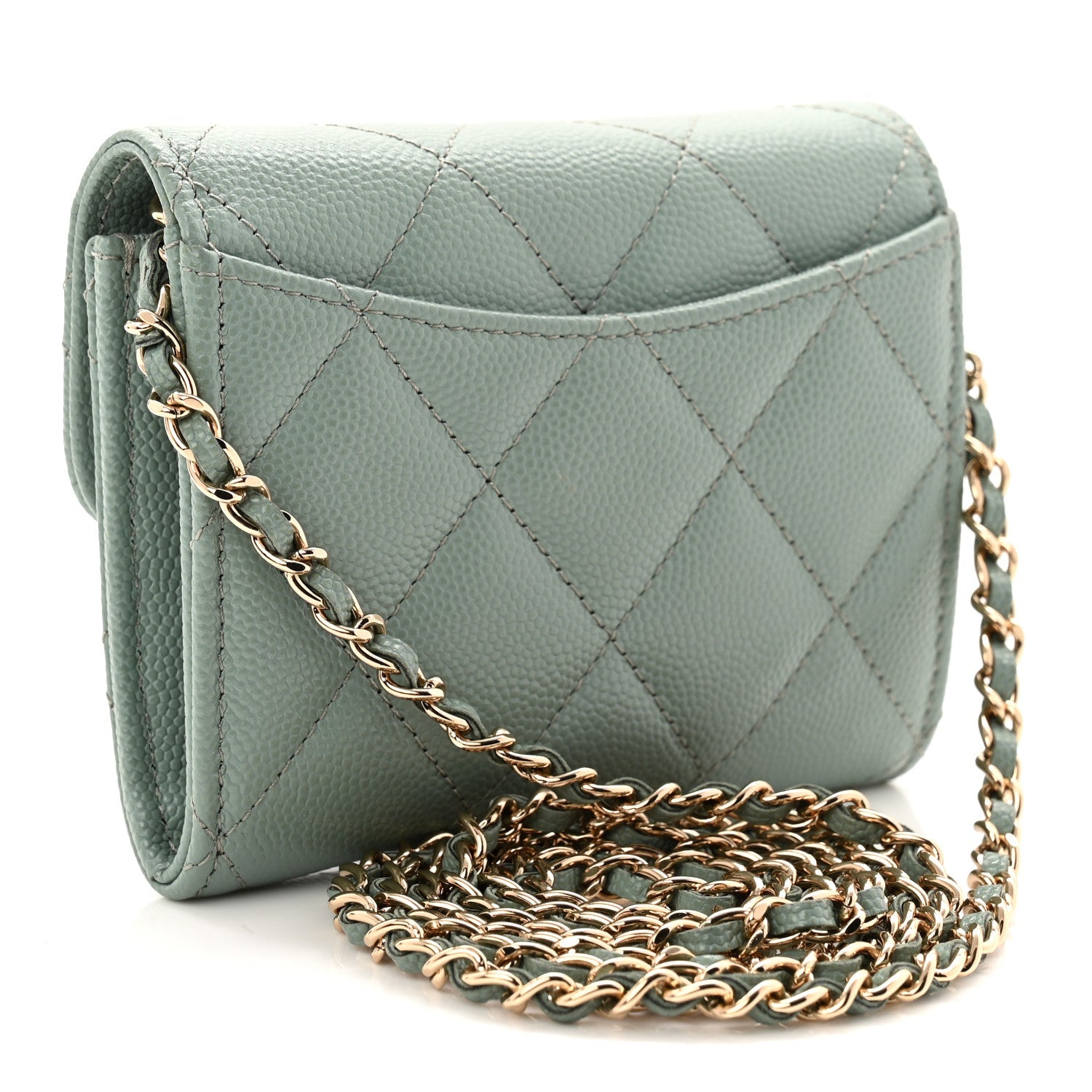 Caviar Quilted Flap  Holder On Chain Light Green