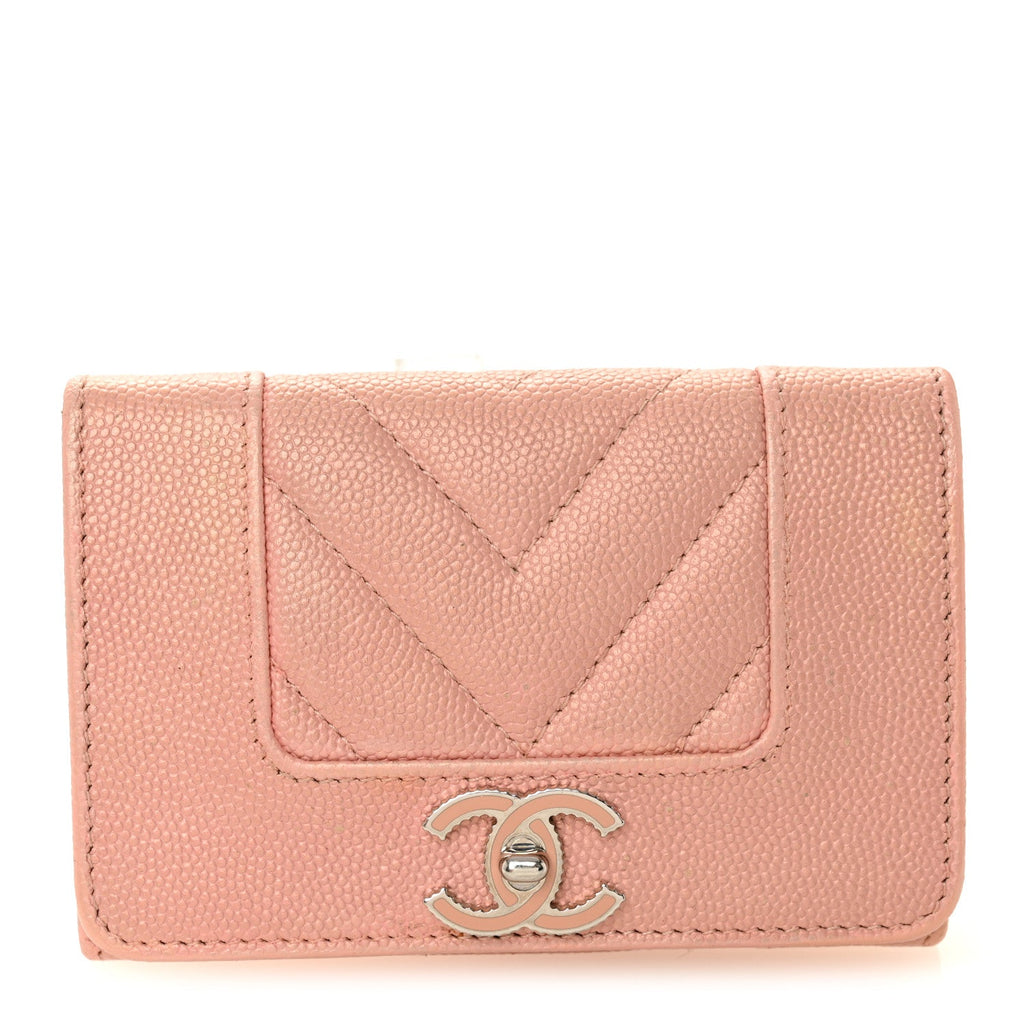 Metallic Caviar Chevron Quilted Vintage Mademoiselle Flap  Holder Pink