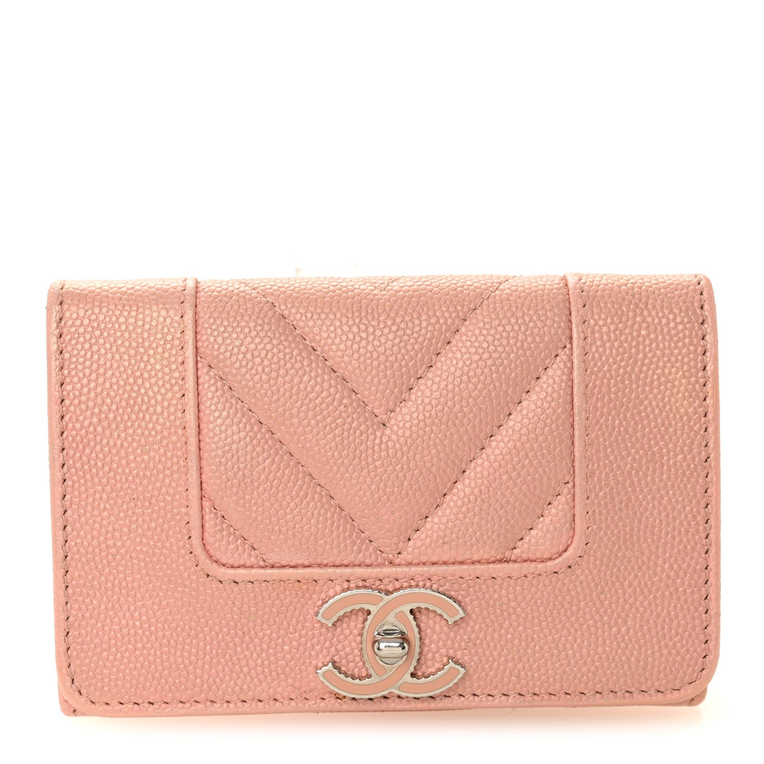 Metallic Caviar Chevron Quilted Vintage Mademoiselle Flap  Holder Pink