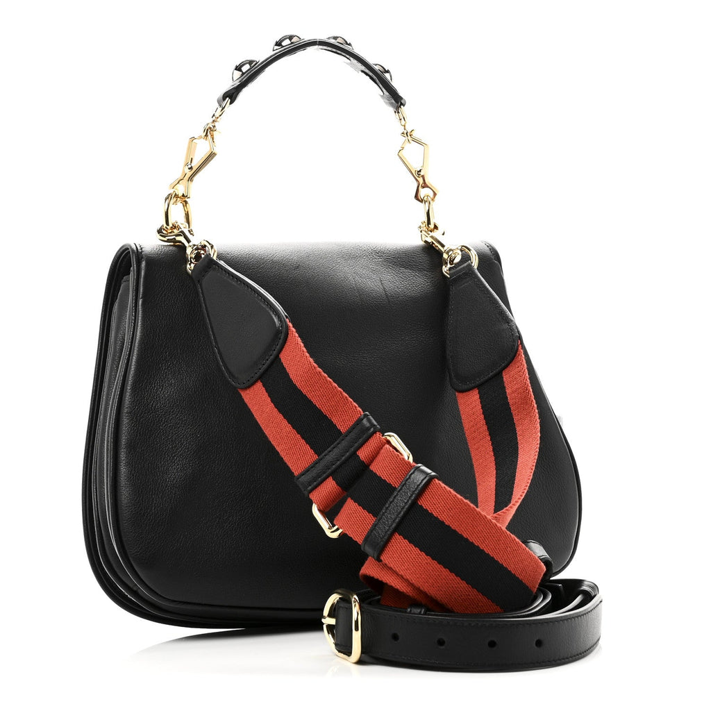 Roxy Calfskin Web Medium Studded Blondie Shoulder Flap Bag Black