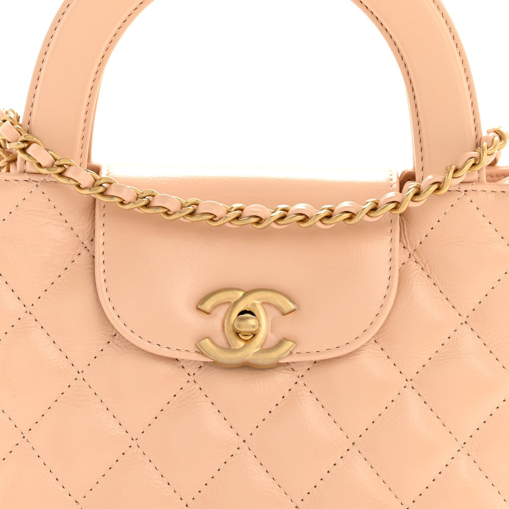 Shiny Aged Calfskin Quilted Nano Kelly Shopper Beige