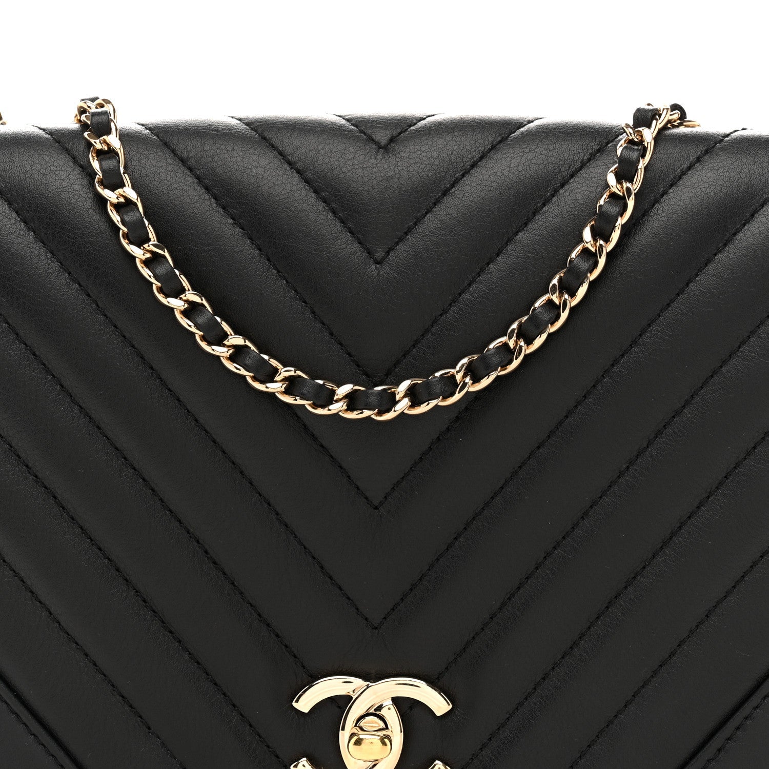 Calfskin Chevron Quilted Small Statement Flap Black
