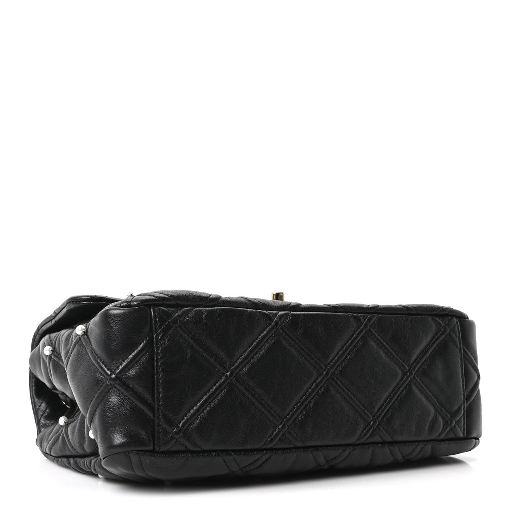Lambskin Quilted Pearl Studded Flap Black