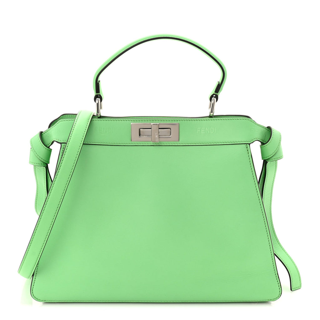 Vitello Seta Shiny Nappa Logo Embossed Laces Medium Peekaboo I SEE U Satchel Edamame