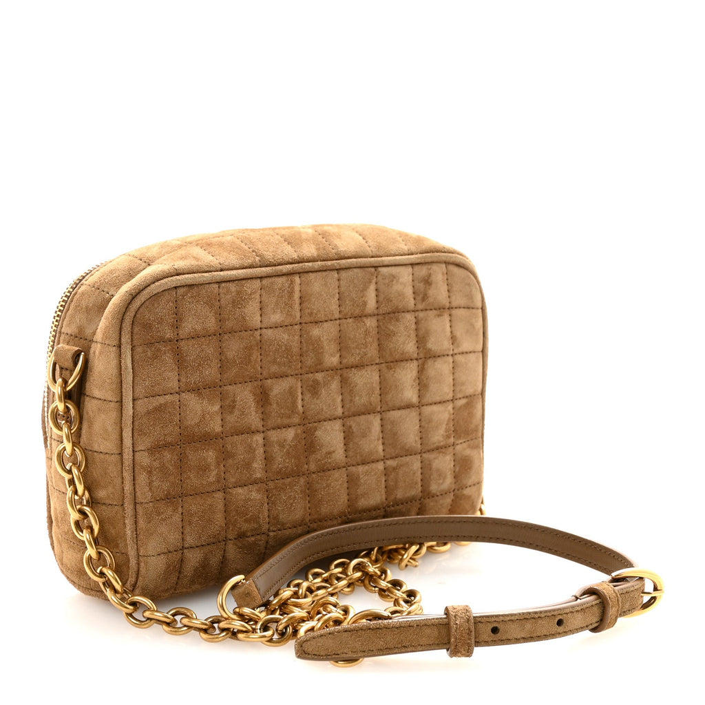 Suede Calfskin Mini Quilted Monogram Camera Bag Golden Leaf