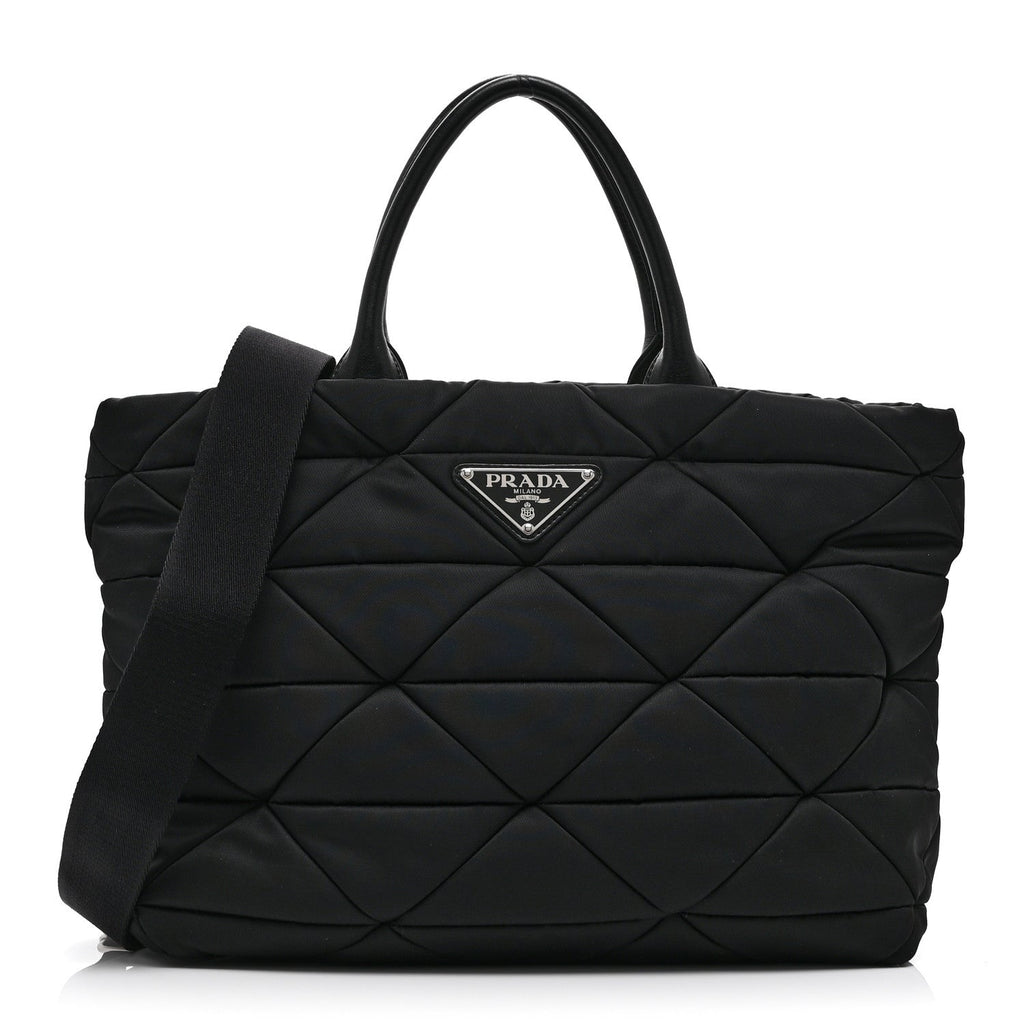 Re-Nylon Nappa Triangle Quilted Padded Medium Double Handled Zip Tote Black
