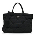 Re-Nylon Nappa Triangle Quilted Padded Medium Double Handled Zip Tote Black