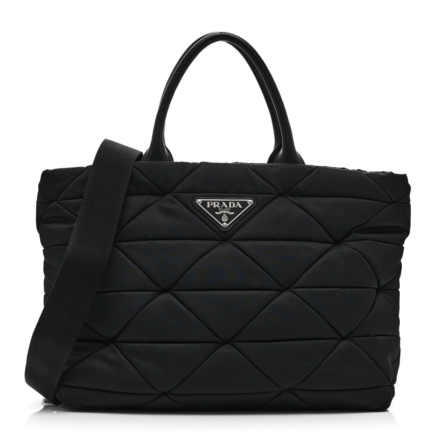 Re-Nylon Nappa Triangle Quilted Padded Medium Double Handled Zip Tote Black