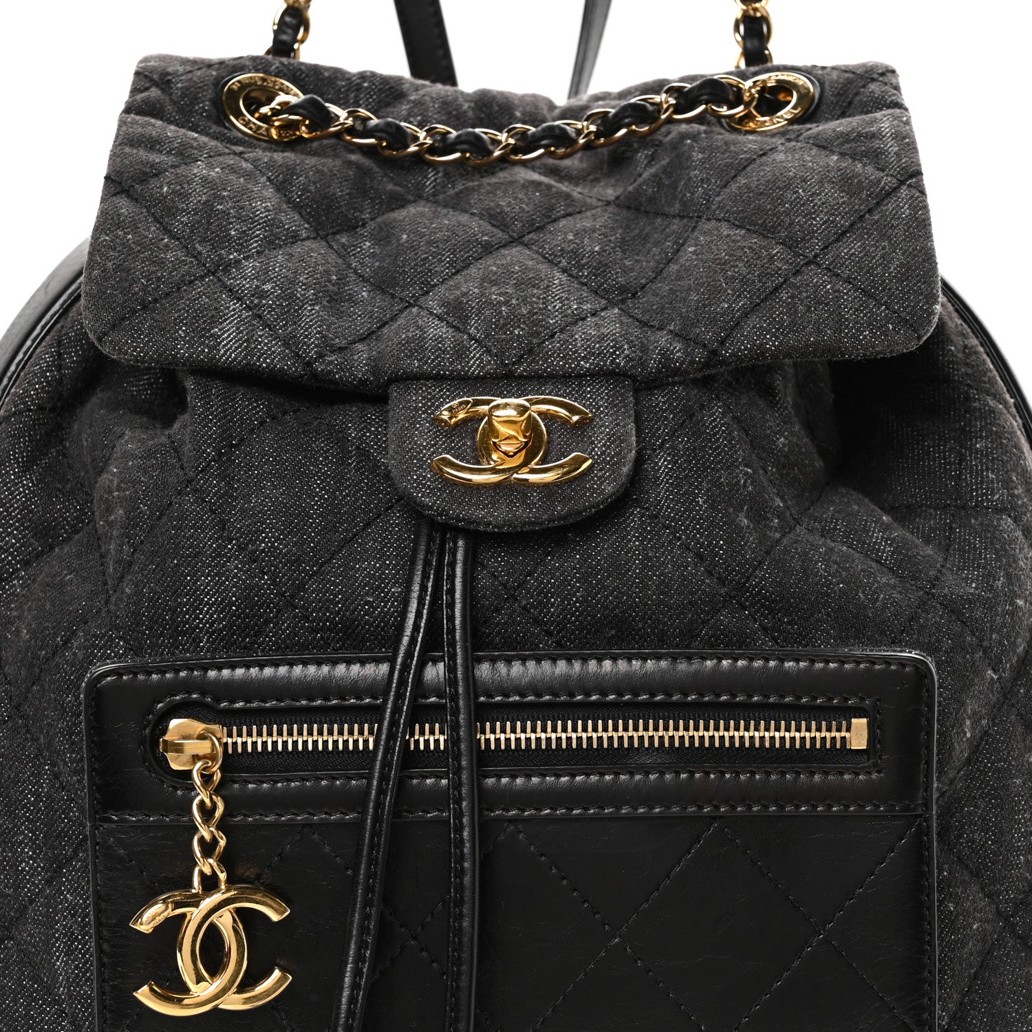Denim Calfskin Quilted Backpack Dark Grey Black
